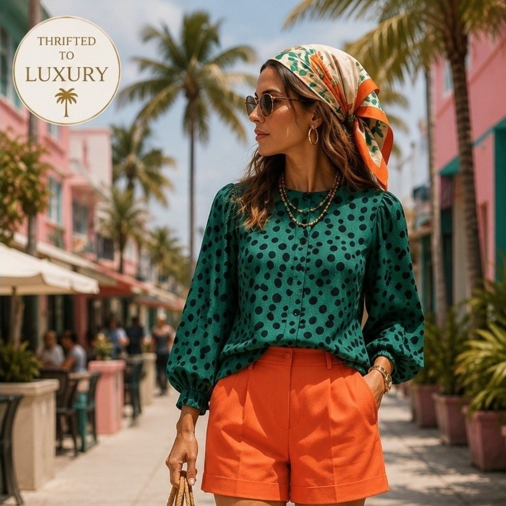 Who What Wear Green Polka Dot Puff Sleeve Blouse Crew Neck Top Large